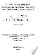 VII Censo Industrial, 1961. Laminación, Extrusión y Estiraje de Aluminio y Fabricación de Soldadura de Aluminio-Térmica. Clase 3423. Datos de 1960